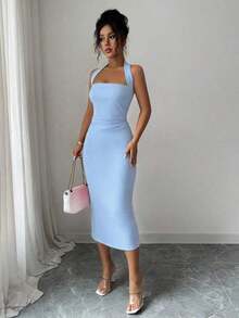 Vestido de mujer de longitud media elegante, adecuado para vacaciones, reuniones diarias, fiestas y eventos de cóctel de verano - Celeste - Ver 4