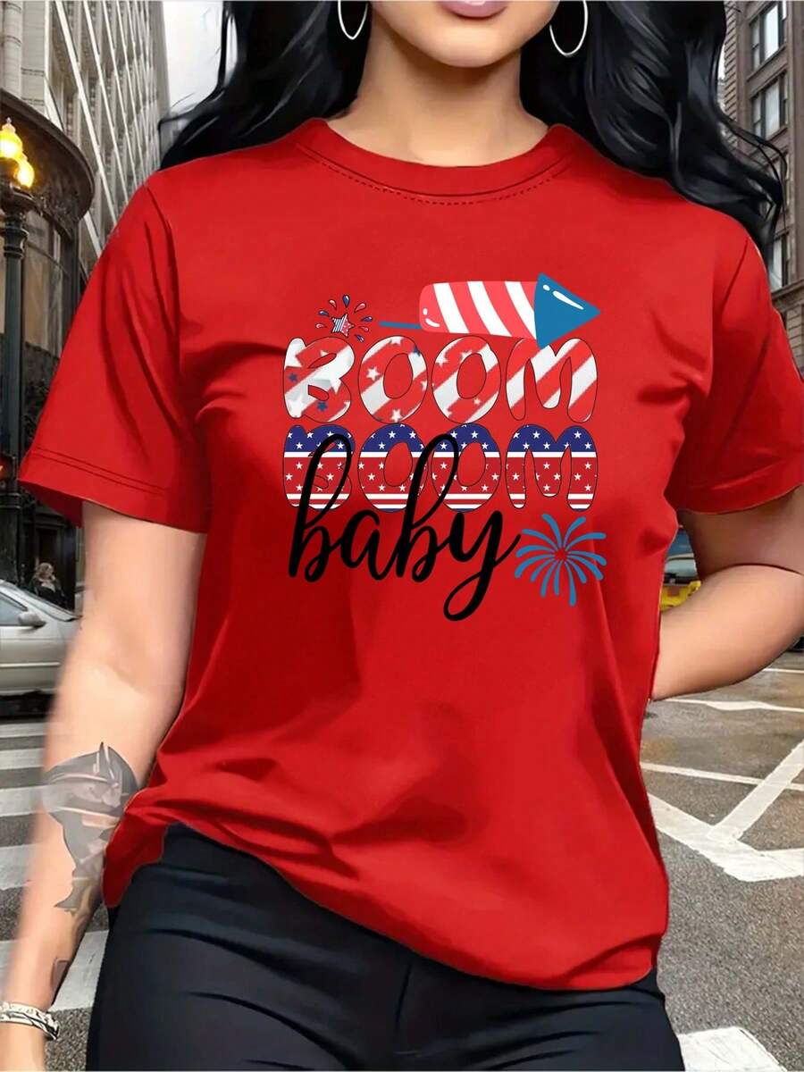Camiseta roja de color sólido para mujer: Estilo Petardo: Camiseta roja para mujer "Roaring Baby" - Orgullo patriótico de la águila calva, estrella de la libertad, estilo americano. - Rojo - Ver 1