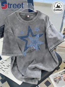 1 pieza de camiseta de manga corta de algodón lavado vintage de verano, estilo americano con bordes deshilachados y estampado de estrellas, top de talla grande para mujer, corte holgado, hombros caídos, cuello redondo, estilo oversize, cómoda y a la moda, versátil para el día a día, ropa y2k para mujer, 100% algodón de 180g. - Gris - Ver 7