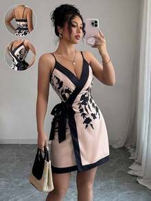 Vestido mini sexy y elegante con cuello en V estilo envolvente y estampado para mujeres - Albaricoque - Ver 1