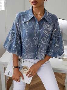 Camisa de manga abullonada con estampado floral en todo el diseño - Azul - Ver 5