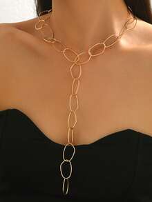 1pc Smooth Asymmetrical Oval Chain Necklace In Gold Color, Suitable For Daily Wear, Gifts, Casual & Holiday - Yellow Gold - View 8
