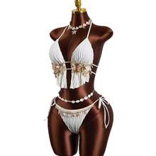 Conjunto de Bikini Sexy de Tres Piezas con Tirantes Delgados para Mujer, Ideal para Vacaciones - Blanco - Ver 6