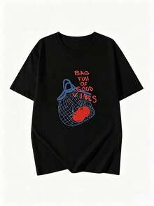 Playera blanca cuello redondo manga corta para mujer, modelo nuevo de verano con estampado de tomate y letras, corte suelto muy versátil y a la moda, estilo casual juvenil perfecta para diario, salidas y combinar fácilmente cualquier look F62S - Negro - Ver 5