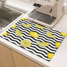 1pc Lemon Print Absorbent Mat/Drying Mat For Coffee Maker, Dishes - Polyester Absorbent Desktop Protective Mat With Rubber Anti-Slip Pad, For Kitchen Counter Decor, Home Bar And Dining Table - Multicolor - View 2
