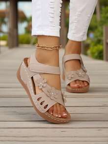 Women's Color Block Platform Sandals, Casual Open Toe Thick Bottom Flat Shoes, Comfortable Beach Slippers - Beige - View 6