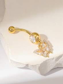 1个镶满水钻的可爱蝴蝶结镀金不锈钢肚脐环，适合女性日常佩戴、情人节礼物、生日派对配饰 - 金黃色 - 查看 3