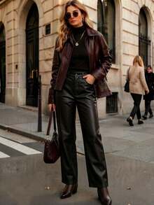 Women's Wide-Leg Coated Winter Pants With Elastane FL-837 - 黑色 - 查看 1