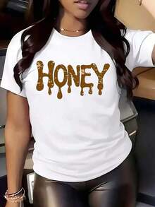Women's Short-Sleeved T-Shirt With Honey Print And Round Neck - Soft And Comfortable For Spring/Summer, Machine Washable, White With Brown Letter Design. - White - View 7