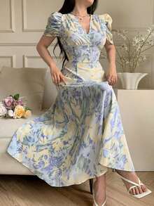 Vestido de mujer de ajuste ceñido con cuello cruzado, botones de perlas y mangas abullonadas - Azul - Ver 3