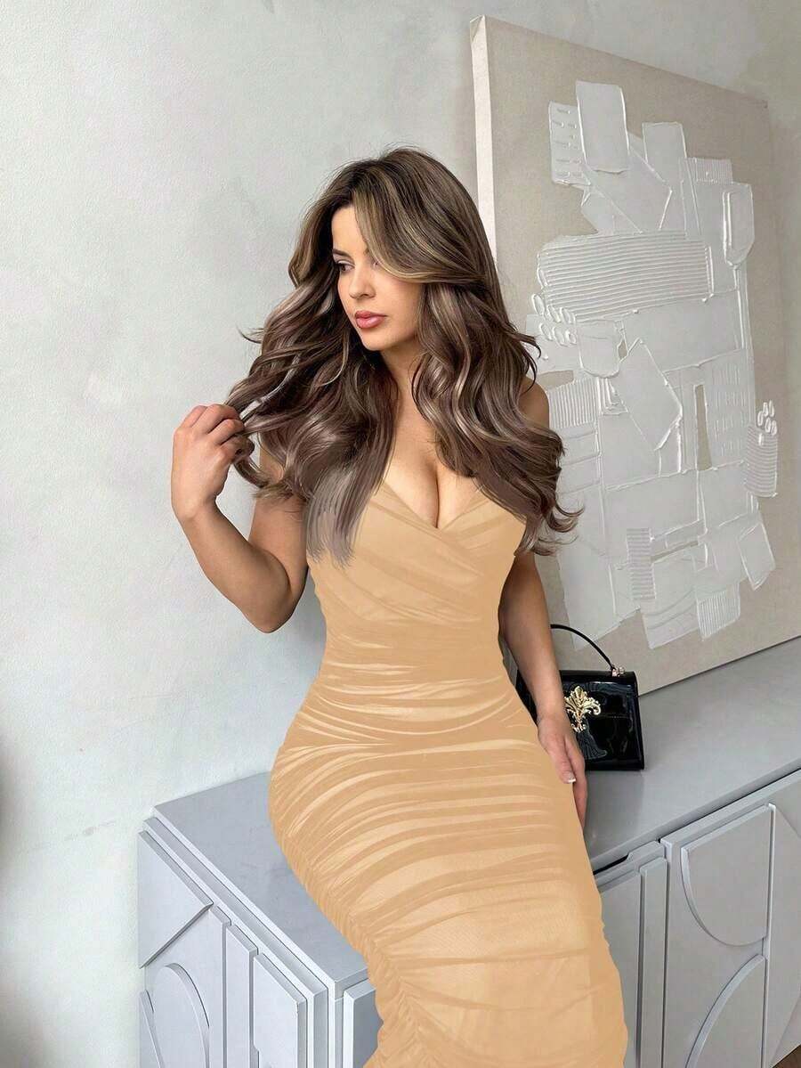 Vestido de punto de corte en V profundo con tirantes finos y ajustado hasta la rodilla para mujer - Albaricoque - Ver 1