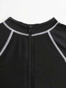 Bikinx Traje de baño deportivo de manga larga con cremallera, ajustado, con ribete de contraste de unicolor, para vacaciones de verano en la playa - Negro - Ver 7