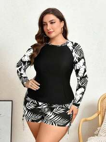 Swim Lushoire Traje de baño tankini de talla grande con estampado de plantas tropicales, elegante y deportivo, de corte holgado, para vacaciones de verano y playa - Blanco y Negro - Ver 3