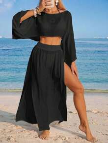 Nevyona Conjunto de dos piezas de cubrecuerpo casual de manga larga y abertura para mujer, color blanco - Negro - Ver 4
