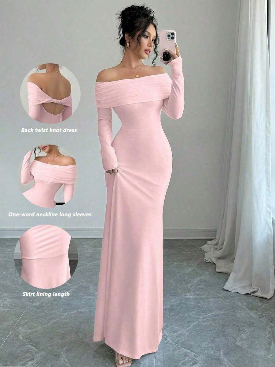 Vestido largo de punto acanalado con manga larga, cintura ceñida, hombros descubiertos, espalda descubierta, doblez de cola de pez, elegante y sexy, color blanco, para otoño/invierno, atuendo de mujer maxi - Rosa 2 - Ver 1