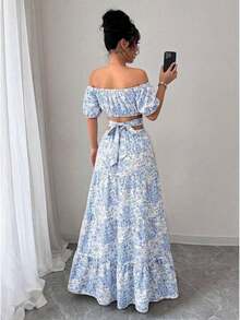YHHRafferiza Vestido casual de vacaciones con hombros descubiertos y lazo en la espaldaYHH - Azul - Ver 2