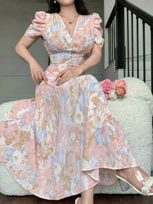 Vestido de mujer de ajuste ceñido con cuello cruzado, botones de perlas y mangas abullonadas - Rosa - Ver 7