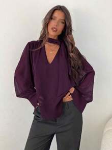 Blusa elegante de gasa con cuello en V profundo y mangas largas con lazo para mujer - Morado 2 - Ver 4
