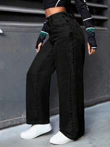 PETITE Jeans rectos de pierna suelta y lavados para mujer - Gris Oscuro - Ver 5