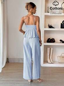 Conjunto de 2 piezas de top de tirantes y pantalones de estilo jacquard elegante para mujer, para verano - Azul y blanco - Ver 4
