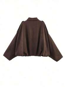Chaqueta bomber de ante para mujer, abrigo exterior suelto con cuello de solapa, manga larga y cremallera, estilo de moda casual, primavera/otoño - Café integral - Ver 8