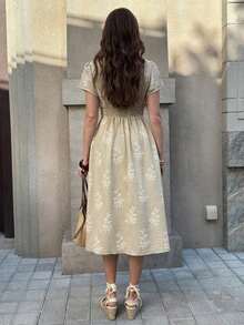 Clasi Vestido de mujer elegante de verano con cuello en V, estampado de flores colocado, bolsillos dobles en la cintura, silueta evasé, adecuado para diversas ocasiones: playa, viajes, uso diario, casa, etc. - Cafetería - Ver 2