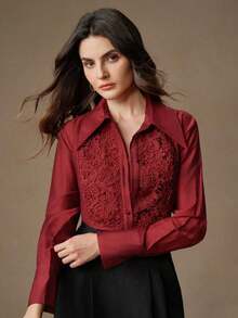 Blusa holgada con apliques de encaje en el cuello, ideal para ir de fiesta o salir - Color caoba - Ver 5
