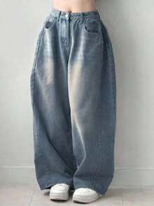 Jeans casuales de bolsillo de ajuste holgado de unicolor para mujer - Azul lavado medio 2 - Ver 7