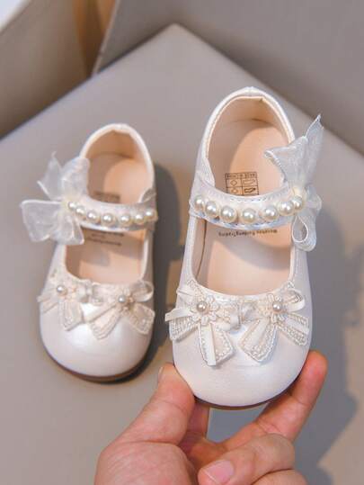 1 Pair Baby Girls' New Soft Mesh Bow Mary Jane Princess Shoes, White Pearl Finish Leather Upper, Non-Slip Soft Sole, Hook And Loop Closure, Suitable For Flower Girl, Birthday Party, Daily Wear, Match With Princess Tulle Dress