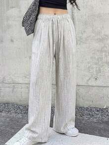 Pantalones largos casuales de mujer de unicolor con cordón en la cintura - Gris Claro - Ver 3