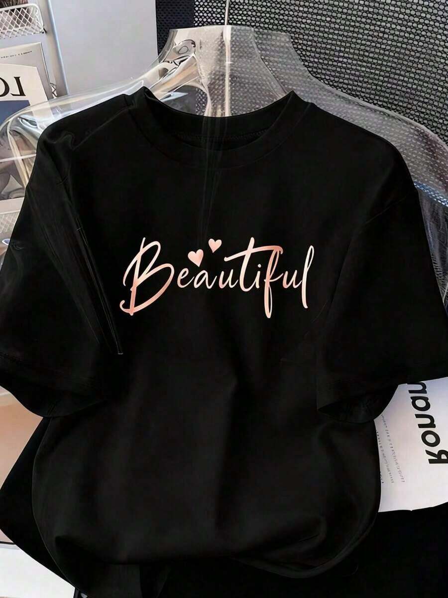 Camiseta de manga corta de punto ajustada y estampada de moda casual para mujer - Negro - Ver 1