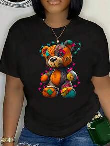 Women's Casual Crew Neck T-Shirt With Vibrant Patchwork Teddy Bear Print | Short Sleeves, Medium Stretch Fabric, Comfortable All-Season Top, Casual Wear. | Fun Print, Stylish Collar, Bear Clothing - 黑色 - 查看 1