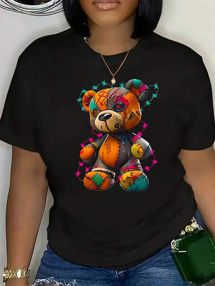 Women's Casual Crew Neck T-Shirt With Vibrant Patchwork Teddy Bear Print | Short Sleeves, Medium Stretch Fabric, Comfortable All-Season Top, Casual Wear. | Fun Print, Stylish Collar, Bear Clothing - 黑色 - 查看 1