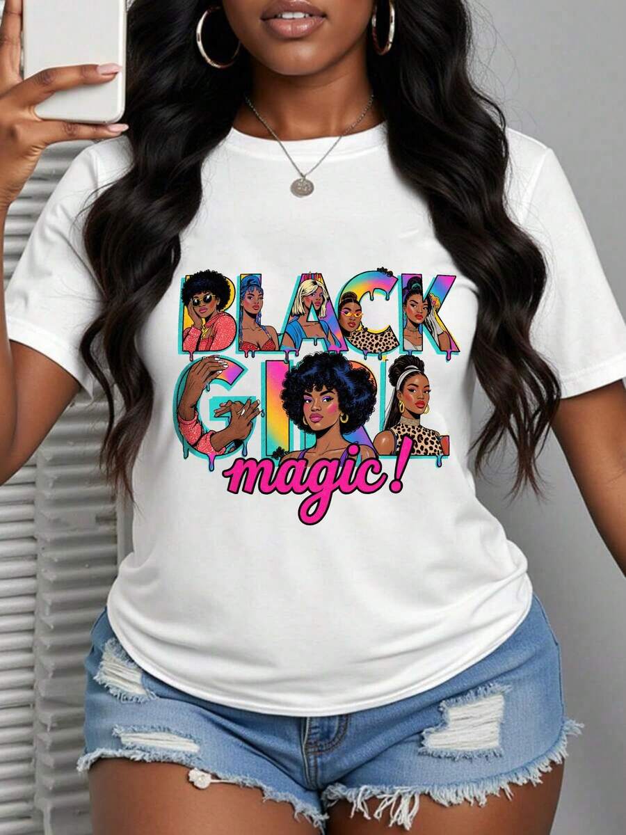 Camiseta de Talla Grande para Mujer con Diseño de Empoderamiento Africano - Blanca con Retrato de Mujer Africana en Rosa y Letras - Top Casual de Manga Corta con Cuello Redondo Suave, Ideal para Regalos de Juneteenth, Mes de la Historia Afroamericana, Peinados con Trenzas y Cabello Rizado, Atuendos de Cumpleaños - Blanco - Ver 1