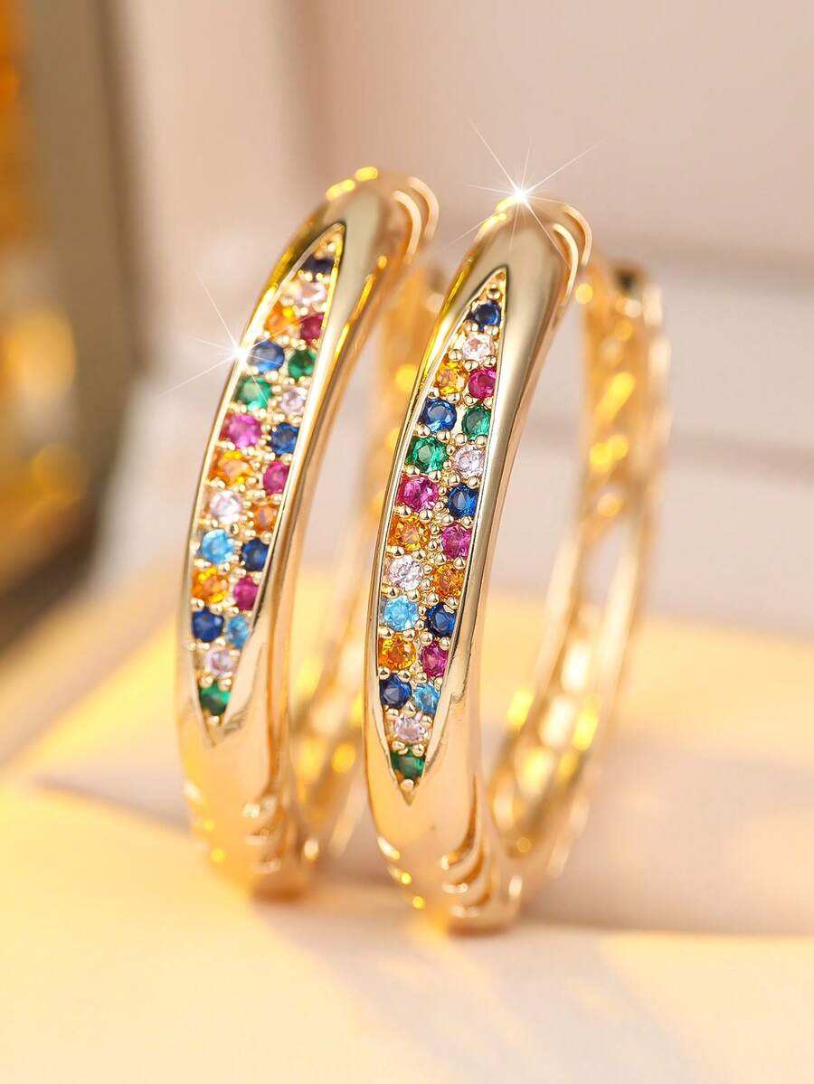 1 Pair Bohemian Rainbow Rhinestone Huggie Earrings, Golden Plated Curved Design Hoop Earrings For Daily Wear, Vacation, Party & Gifting - Multicolor - View 1