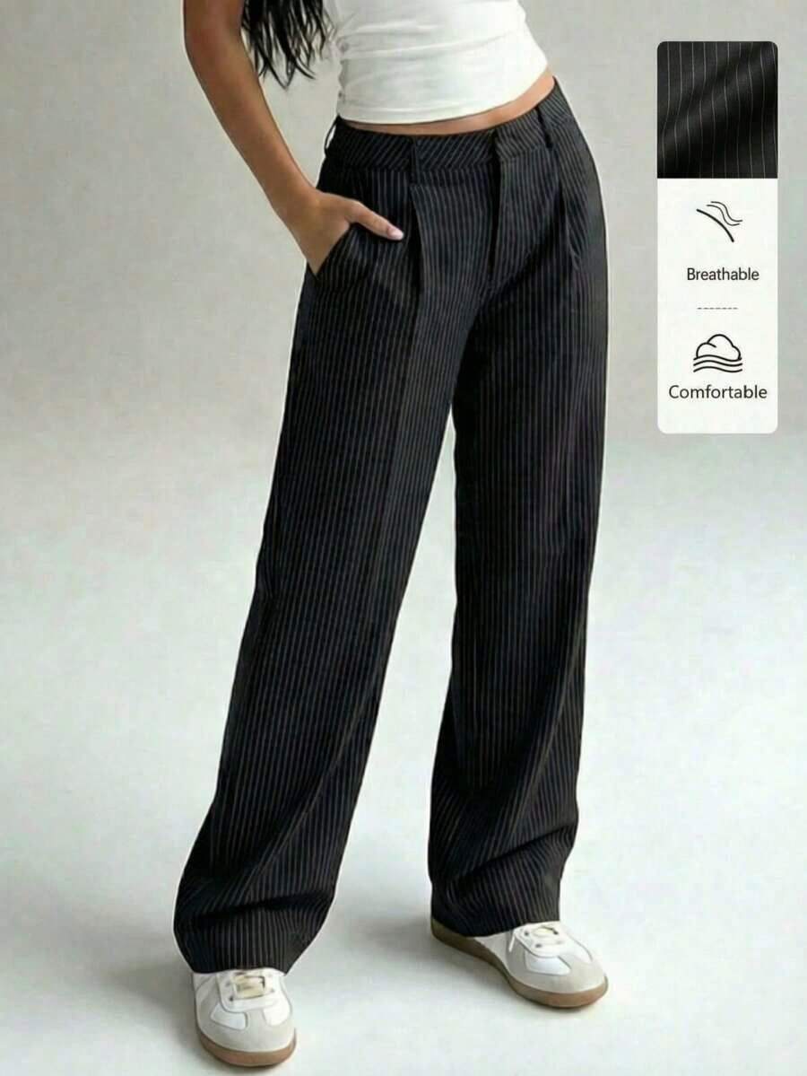 Pantalones anchos casuales elegantes y estilizadores de alta gama para mujer - Negro - Ver 1