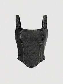 Parte superior de tirantes anchos y cierre trasero de mezclilla casual negra para mujer - Negro - Ver 1