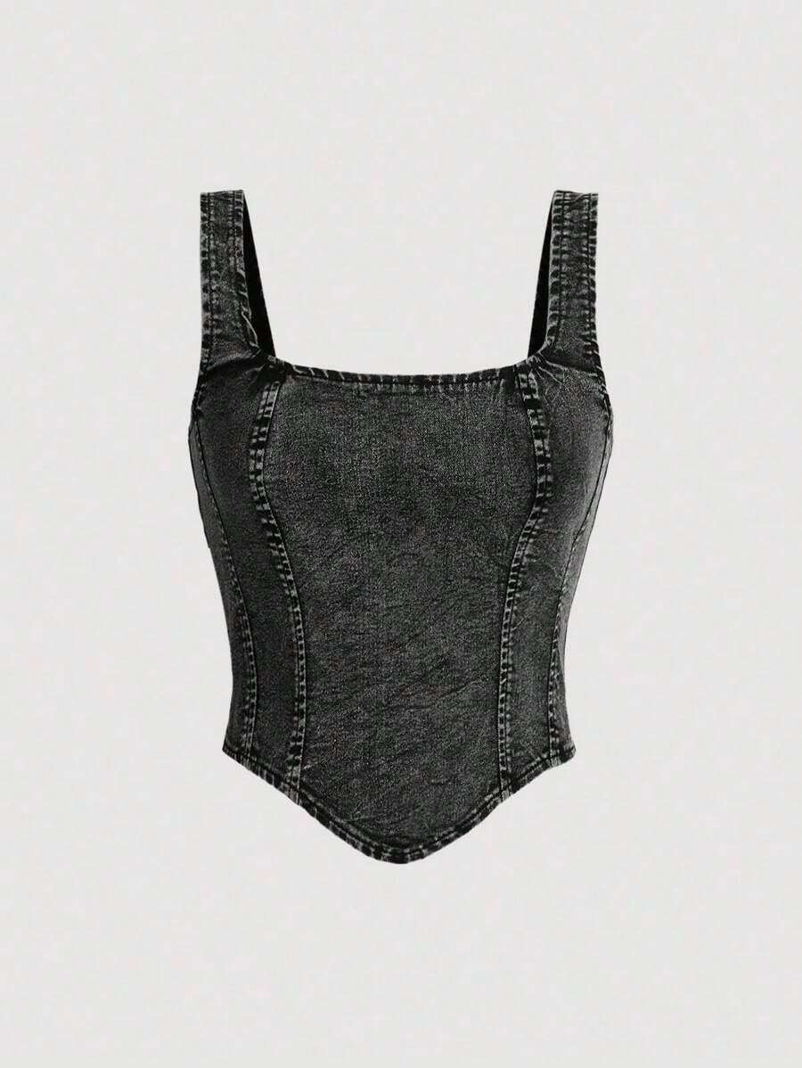 Parte superior de tirantes anchos y cierre trasero de mezclilla casual negra para mujer - Negro - Ver 1