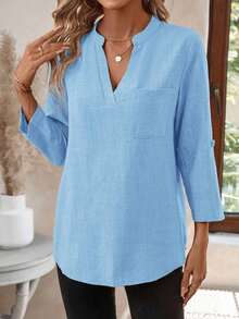 Blusa con escote entallado y mangas 3/4 con estampado, camisa de trabajo para primavera - Celeste - Ver 4