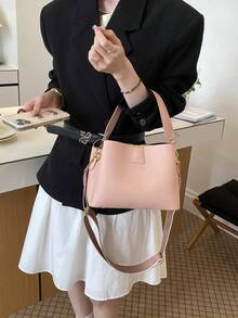 Dedoo Double Shoulder Strap Bucket Shoulder Bag, Metal Hardware Decoration, Adjustable Wide Strap, Large Capacity Women's Daily Commute Crossbody Bag - Pink - View 6