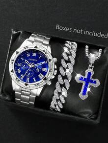 1套組：大尺寸合金石英手錶、藍色錶盤、十字吊墜項鍊與手鍊，適合兒童、運動與商務 - 銀色 - 查看 6
