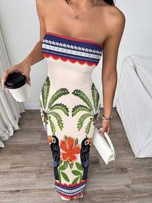 Vestido elegante con estampado floral sin tirantes y ajustado, adecuado para vacaciones - Multicolor - Ver 1