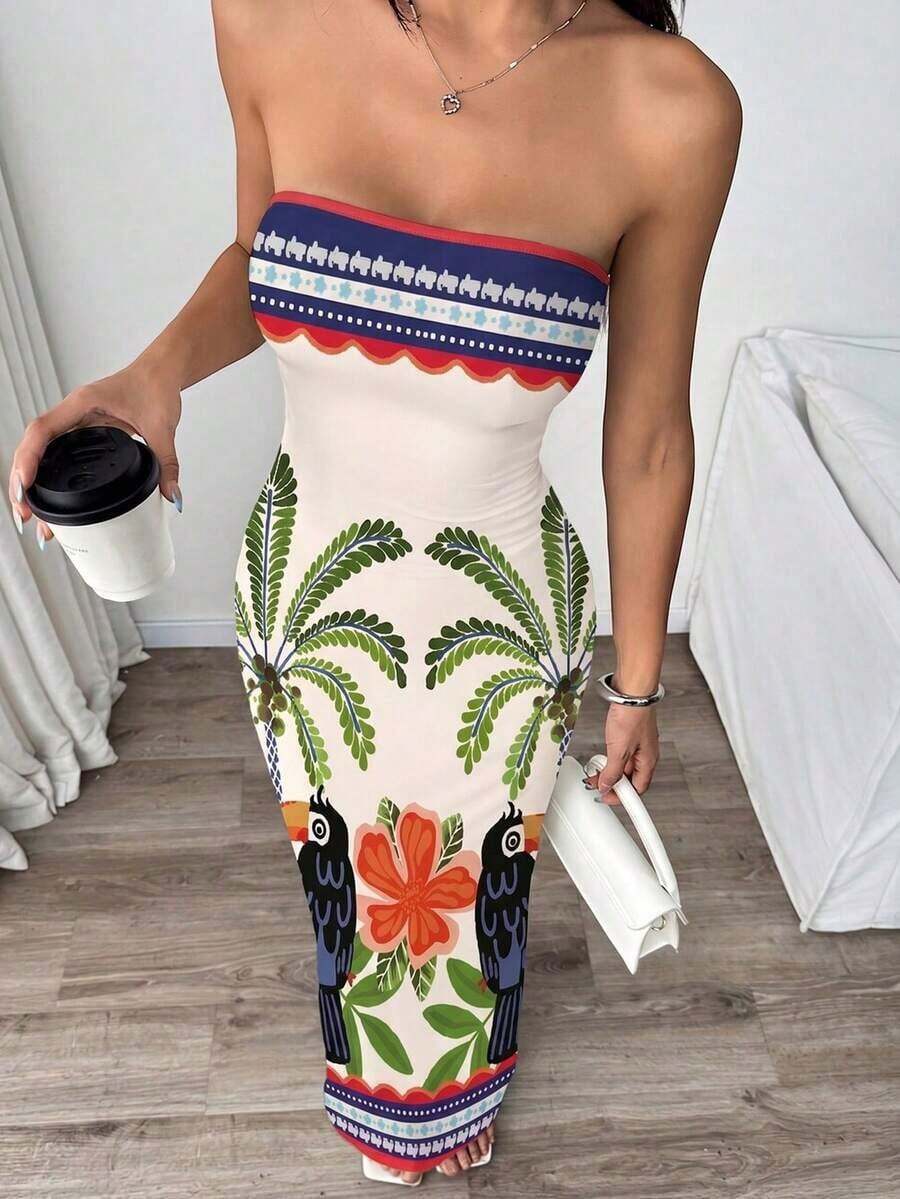Vestido elegante con estampado floral sin tirantes y ajustado, adecuado para vacaciones - Multicolor - Ver 1