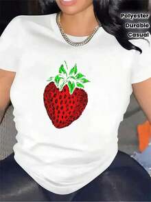 Black Strawberry Print T-Shirt - Short Sleeve, Crew Neck, Casual Style, Soft And Durable Polyester Fabric, Strawberry Print And -All- Colors (Not Red) - For Casual Wear, Kitchen, Living Room, Year-Round Outfits - 白色 - 查看 7