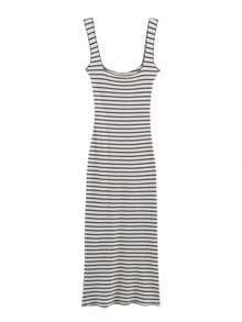 Nuevo vestido de punto a rayas de cuello cuadrado elástico de moda con tirantes largos - Dorado - Ver 1