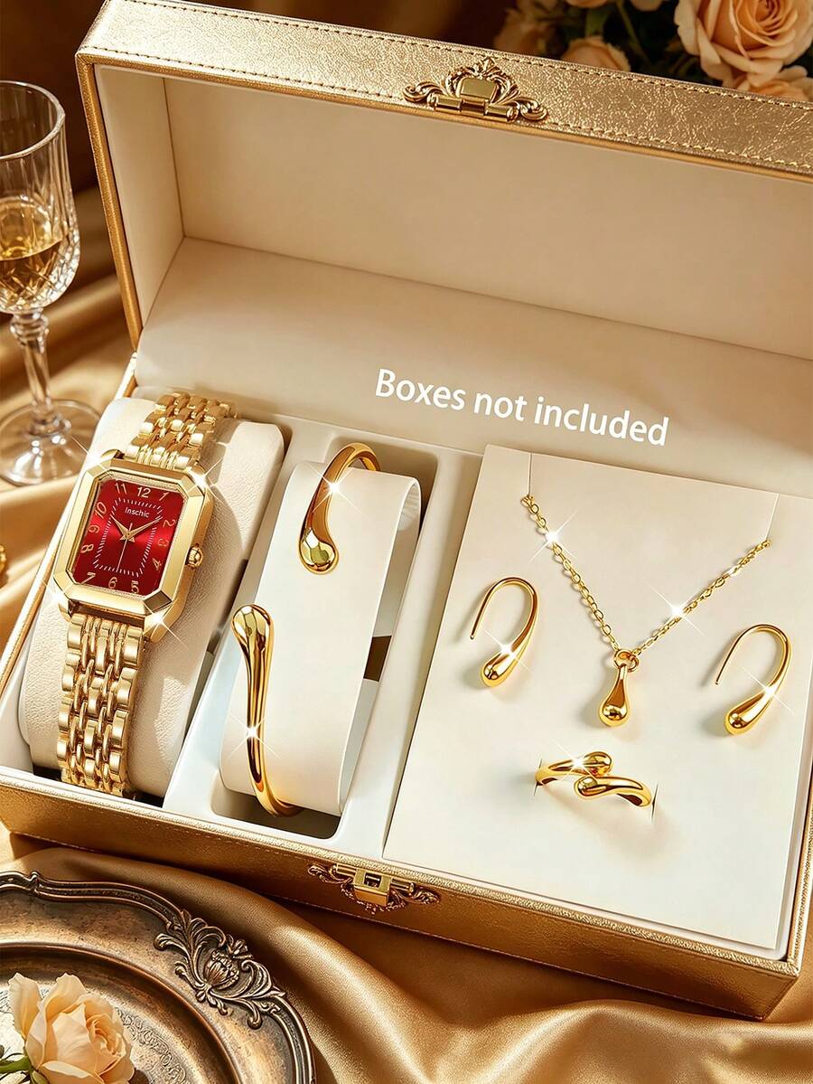6pcs/Set Teenager Gold Quartz Watch Band Water Drop Shaped Jewelry Set, Stainless Steel Material, Couple Watches - Gold - View 1