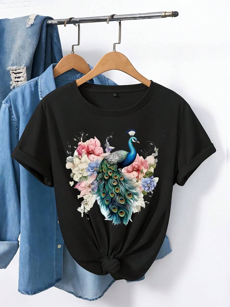 Camiseta de Mujer de Cuello Redondo con Estampado de Flores Silvestres - Blusa Casual de Manga Corta, Top Opaco Lavable a Máquina Ideal para Atuendos Casuales de Primavera-Verano y Capas