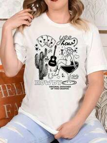 Western Howdy Short Sleeve T-Shirt – Cowgirl And Country Music Design, Casual Loose Fit For Women, Perfect For Parties And Gifts, White Graphic Print, Short Sleeve, Crew Neck, Oversized T-Shirt For Women, Ideal For Music Festivals And Summer Outfits. - 白色 - 查看 6