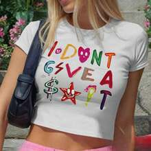 Playera ombliguera corta para mujer estilo Y2K con estampado, diseño estético de hada y rockero, manga corta ligera para verano, ropa juvenil súper de moda ideal para chicas adolescentes, look casual y llamativo para uso diario QGHL - Blanco - Ver 4