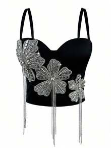 Top de tirantes con flores con brillantes de rhinestone negro, corsé casual de espina de pescado usado por fuera para vacaciones de verano - Negro - Ver 9